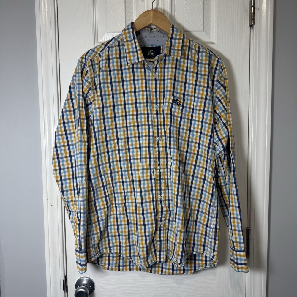 Burberry London Button Up Shirt Men's XL White Blue Orange Check Plaid Cotton